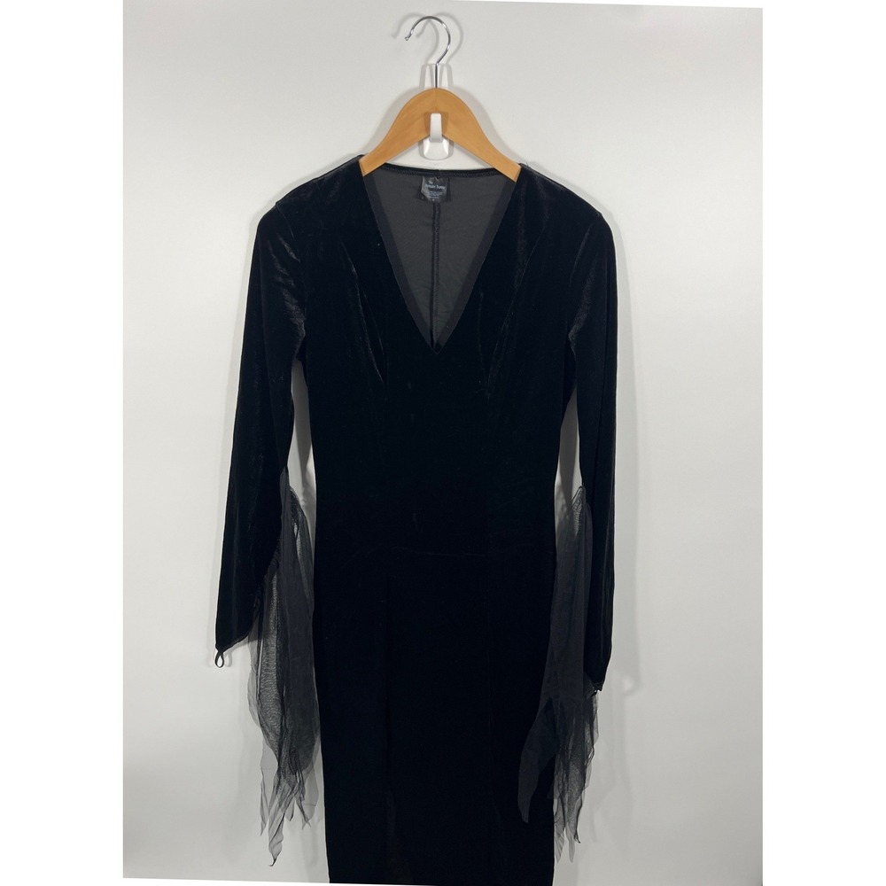 Addams Family Womens Maxi Dress S Black Velvet Flare Sleeve Shark Bite Hem Goth